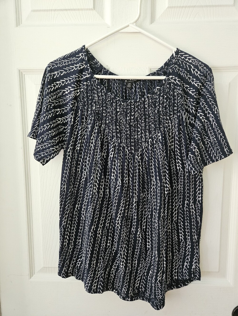 Lucky Brand Navy and White Smocked Short Sleeve Top